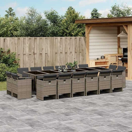 17-Piece Patio Dining Set with Cushions Gray Poly Rattan Outdoor Furniture Set for Garden Backyard Balcony with Tempered Glass Table & Foldable Chairs