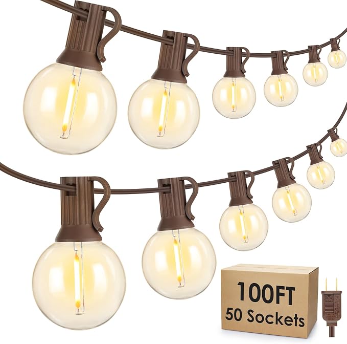 100Ft LED Outdoor String Lights, Dimmable G40 Globe Patio Lights with 50+3 Waterproof Shatterproof Bulbs for Backyard Porch-Brown Cord 1 Pack