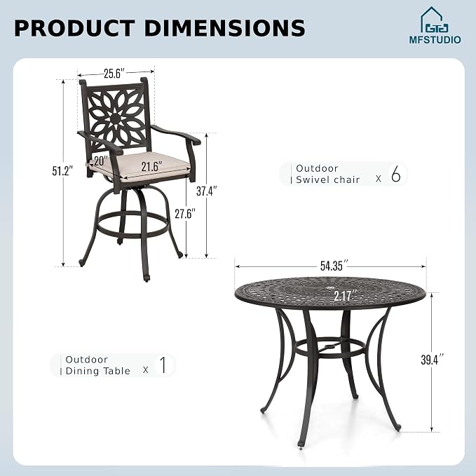 MFSTUDIO Bar Height Patio Table and Chairs, 7 Pieces Cast Aluminum Outdoor Dining Set for 6, High Top Outdoor Bar Set, 54" Round Patio Bar Table with Chairs