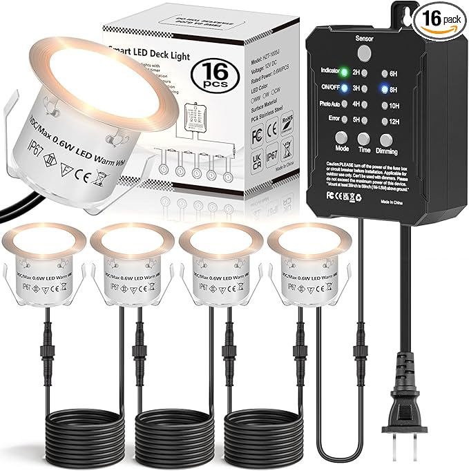 HIBOITEC Low Voltage Deck Lights Recessed Kit with Transformer Dimmable Timer and Photocell Sensor Outdoor LED Deck Lighting IP67 Waterproof 2700K for Stair Step Outdoor Garden Yard 16 Packs