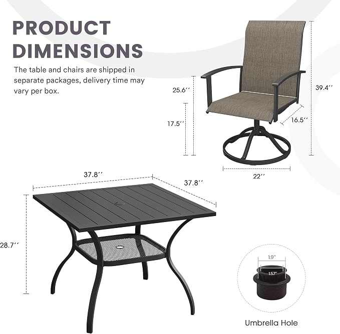 5 Pieces Outdoor Patio Dining Set, 37.8" All Weather Square Metal Table with Umbrella Hole and Storage Shelf, 4 High Back Textilene Swivel Chairs for Garden, Lawn, Black Table & Brown Chairs