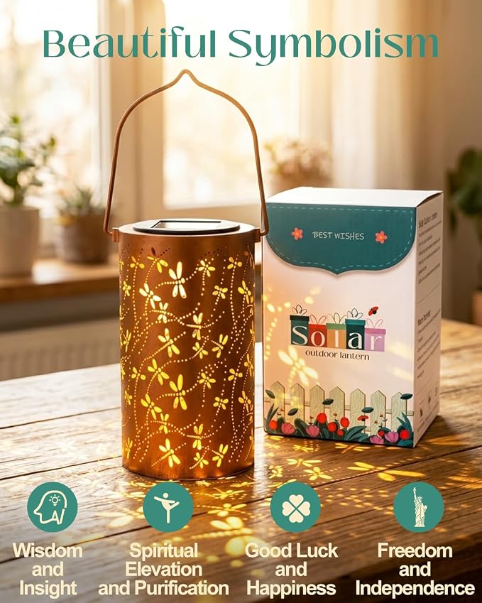 DIBIEECN Birthday Gifts for Women Mom Grandma Wife, Solar Lanterns Outdoor Waterproof, Metal Hanging Lights Garden Decor, LED Decorative Lantern for Patio Porch Backyard,Dragonfly, 1 Pack