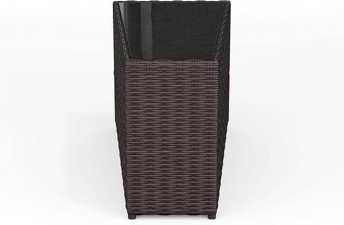Martha Stewart Bedford Indoor-Outdoor Tapered Patio Side Table with Inset Tempered Glass Top and Rattan Wicker Finish in Brown