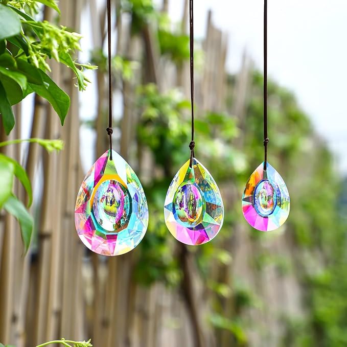 Window Hanging Crystal Prisms Sun Catcher AB Coating Rainbow Maker Glass Prisms Hanging Suncatcher Pendant for Home Garden Decor,76mm/63mm/50mm Chandelier Prism Parts, Pack of 3 | AB Coating Crystal Prism Suncatcher Set 3 Sizes for Chandelier Window Ga...