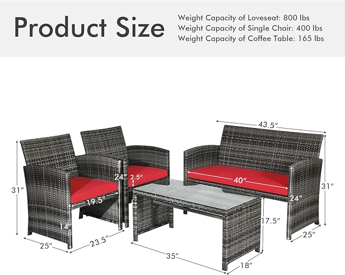 Outdoor Conversation Set, 4 Pieces Wicker Patio Furniture Set with Ergonomic Curved Design, Patio Chair Set with Water-Resistant Cushion & Tempered Glass Table for Porch, Poolside (Red)