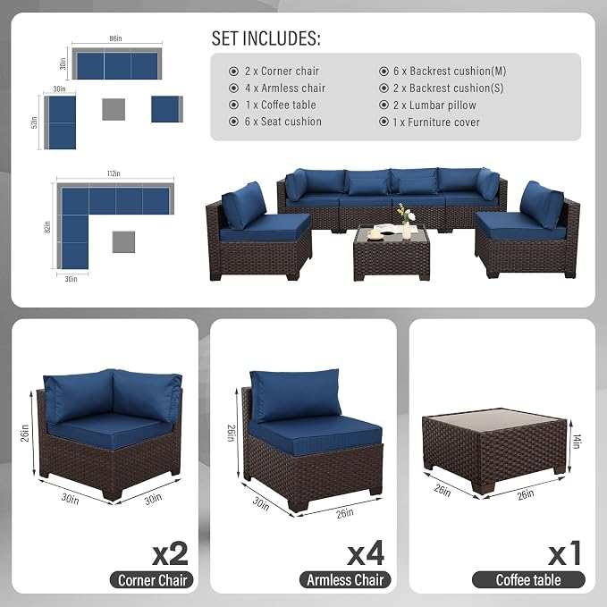 WAROOM Outdoor Patio Furniture Set 7 Pieces Wicker Sectional Sofa Brown Rattan Conversation Couch with Coffee Table, Anti-Slip Thick Nave Blue Cushion