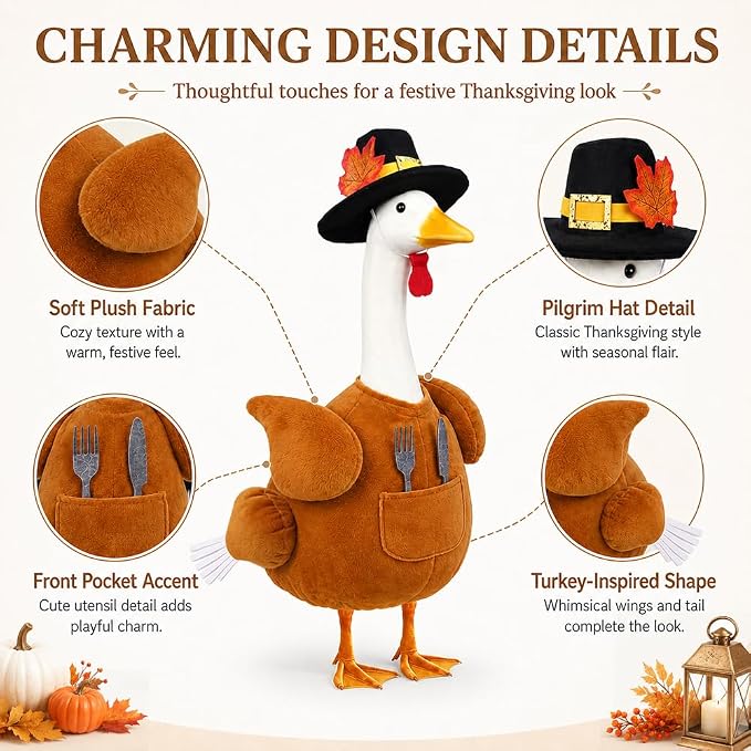 Thanksgiving Turkey Porch Goose Outfit for 23" Lawn Statue Fall Autumn Sculpture Clothes for Plastic/Cement Statue Duck Costume for Garden Patio Yard Lawn Art Decoration