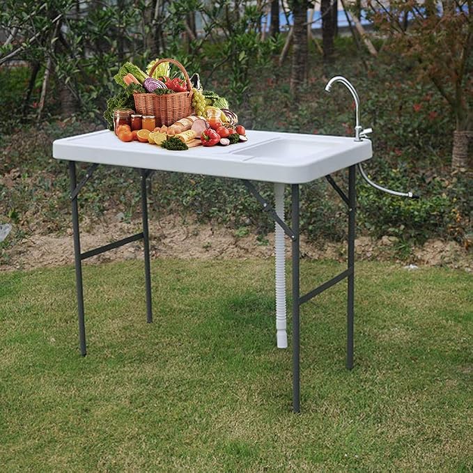 SSLine Portable Outdoor Fish Table Folding Camping Table with Sink Patio Picnic Cleaning Cutting Work Station Desk w/Quick Connect Faucet