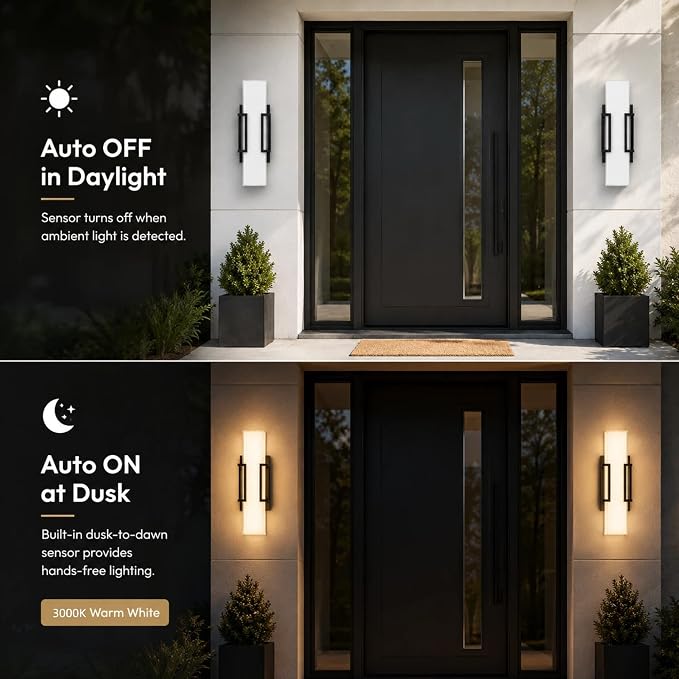 Hyunbae Modern Dusk to Dawn Outdoor Wall Lights, 16" Black LED Porch Light | 20W Outdoor Wall Sconce, Photocell Sensor,3000K Dimmable Exterior Light, IP65 Wall Mount Waterproof, Garage Patio Doorway Use