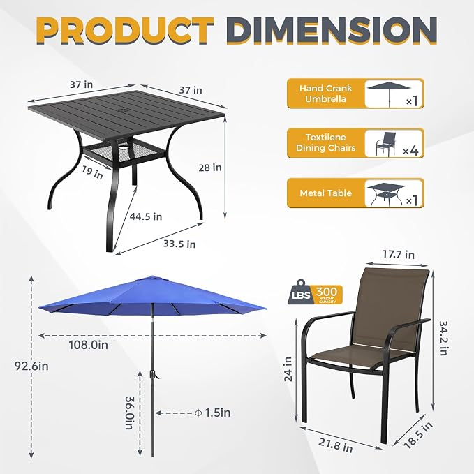 SUNCROWN 6 - Piece Outdoor Dining Set, Patio Furniture Set with 4 Textilene Dinning Chairs, 1 Steel Slat Metal Bistro Table and 1 Dark Blue 9Ft Patio Umbrella for Lawn Garden Backyard Deck, Brown