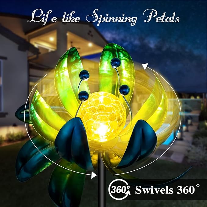 Solar Garden Lights Metal Flower Decor, Colorful Spinning Windmill Lotus Pathway Ligths with LED Cracked Crystal Ball Outdoor Decorative Stake Lighting Waterproof Flower Sculpture for Patio Yard