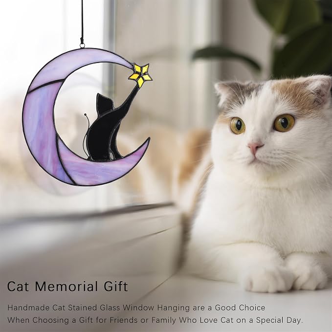 6.5'' Stained Glass Window Hanging Suncatcher-Black Cat on Purple Moon | Wall Art Glass Window Panel Sun Catcher,Halloween Decoration,Memorial Gift for Lover Cat Loss Women