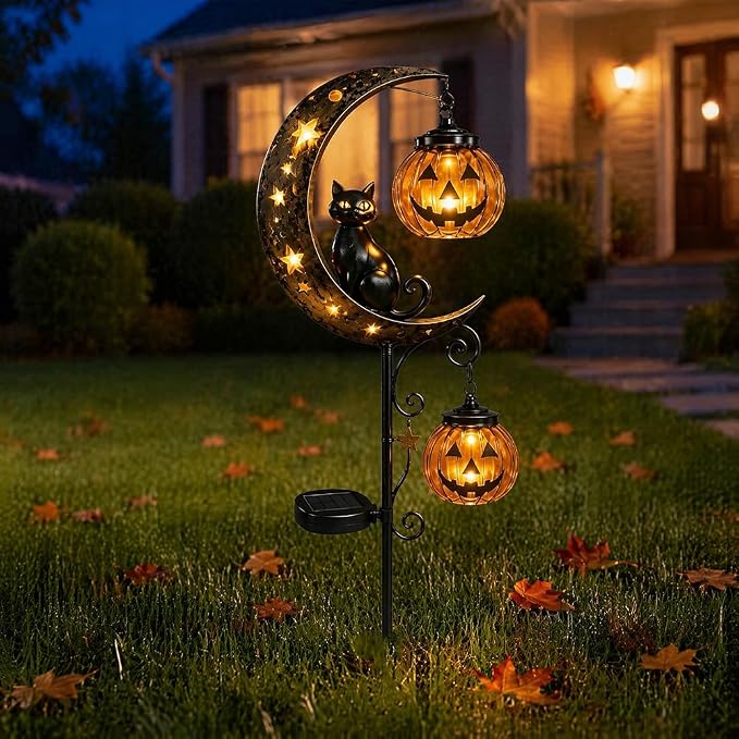Solar Halloween Black Cat & Pumpkin Moon Garden Stake Light, Outdoor Waterproof LED Yard Decoration with Crescent Moon, Hanging Jack-o'-Lantern Lantern for Garden, Patio, Walkway, Porch(Style C)