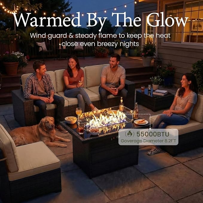 LayinSun 7 Pieces Outdoor Patio Furniture Set with 44" Fire Pit Table Brown Rattan Sectional Sofa Conversation Sets