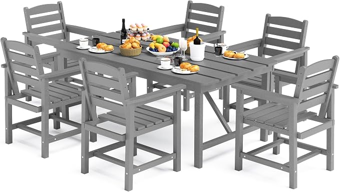 Kingdura 7 Piece Patio Dining Set for 6, HDPE Outdoor Table & Chairs with Umbrella Hole, All-Weather Outdoor Furniture Patio Conversation Set for Lawn Pool Backyard, Grey