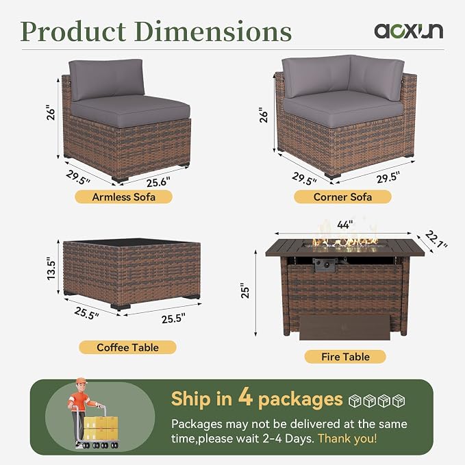 Aoxun 12 Piece Patio Furniture Set with 44” Fire Pit Table Wicker Rattan Outdoor Sectional Sofa Set with Coffee Table and Thickened Cushions, Grey