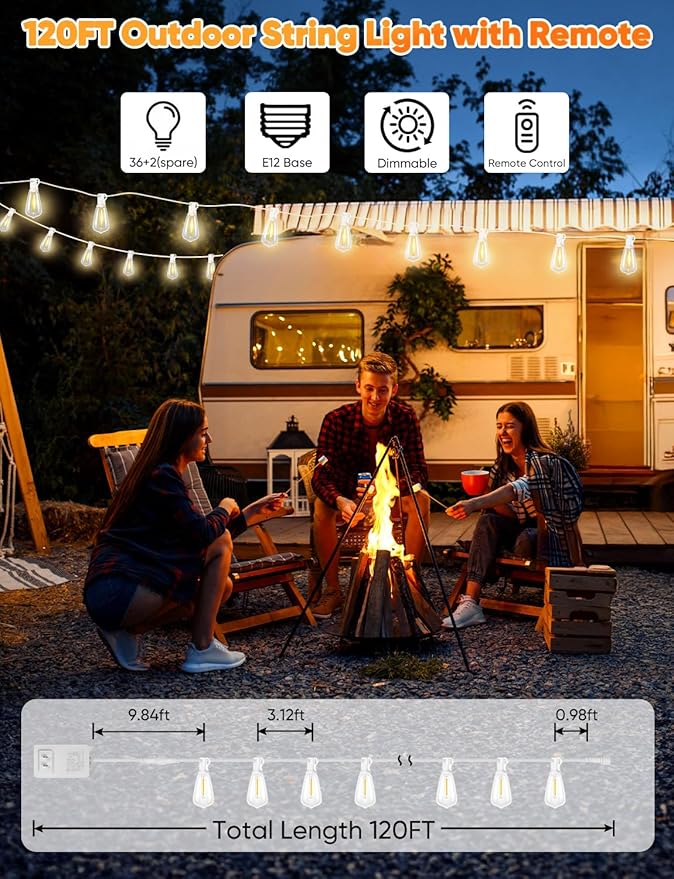 120FT LED Outdoor String Lights with Remote, Patio Lights Outdoor Waterproof with 38 Shatterproof Edison Bulbs, Dimmable Outside Hanging Light for Birthday, Party, Christmas Decor, White