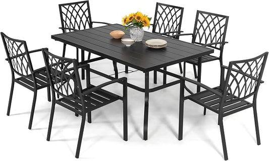 NUU GARDEN 7 Piece Outdoor Dining Set, 61” Rectangular Metal Dining Table with Umbrella Hole, Stackable Dining Chairs for Backyard, Deck, Yard, Garden, Black