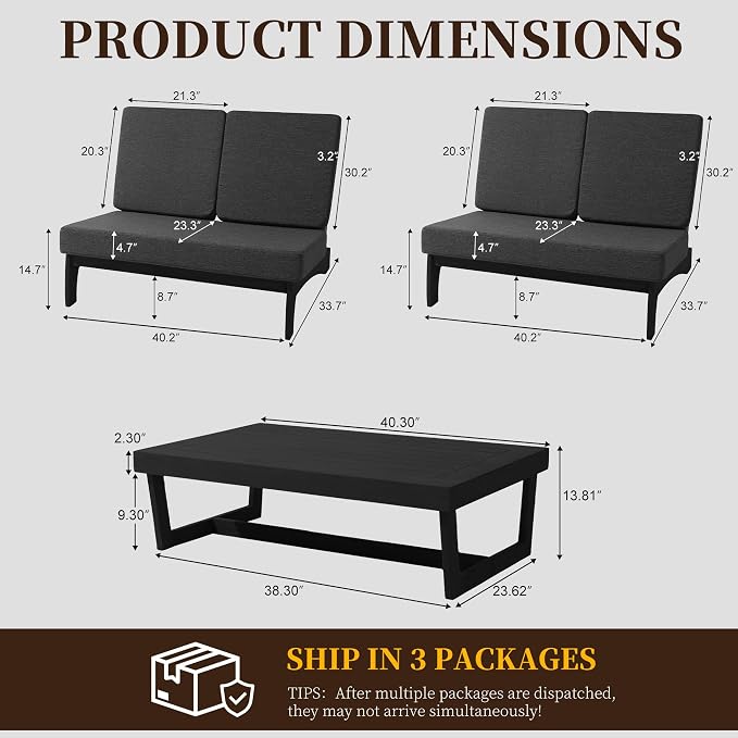 All Weather Patio Furniture Sets, 3 Pieces Black Wood Patio Loveseat Sofa Outdoor Sectional Futniture Backyard Conversation Set with Solid Wooden Coffee Table - Dark Gray
