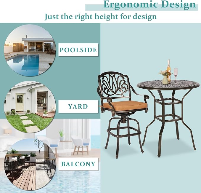 MEETWARM Patio Height Bar Table, 35.4" Bar Height Bistro Table, Outdoor Cast Aluminum Bistro Round High Top Dining Table with 2" Umbrella Hole for Garden Deck Backyard, Dark Bronze