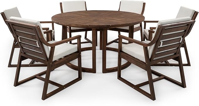 Merax 7 Pieces Outdoor Dining Set for 6 People, Acacia Wood Patio Furniture Sets with Round Table and Six Cushioned Chairs for Backyard, Garden, Lawn, Poolside, Tabletop with Umbrella Hole, Mocha