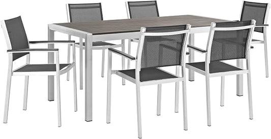 Modway Shore 7-Piece Aluminum Outdoor Patio Dining Table Set in Silver Black