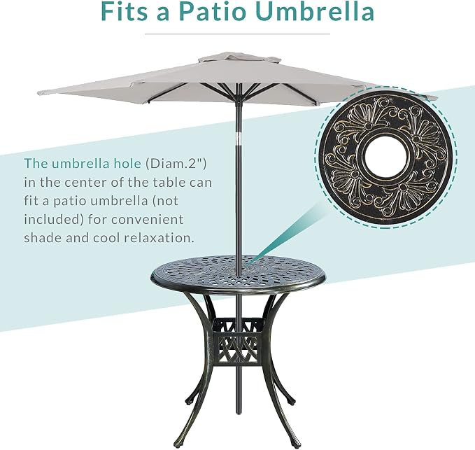 MEETWARM 3 Piece Patio Bistro Set, Outdoor All-Weather Cast Aluminum Dining Furniture Set Includes 2 Cushioned Chairs and a 31” Round Table with Umbrella Hole for Garden Deck