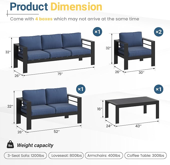 Wisteria Lane Aluminum Patio Furniture Set for All Weather, Oversized Metal Outdoor Furniture Set with 27.5" Deep Seat and Thick Back Cushion, Outdoor Patio Conversation Sets with Wide armrest, Blue