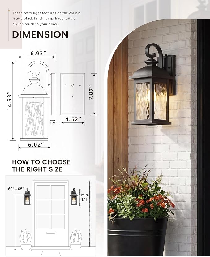 FEMILA Dusk to Dawn Exterior Wall Sconce, 15" Front Porch Light Fixtures Wall Mount for Patio, Garage, Garden, UL Listed, Matte Black Water Ripple Glass, 4FD54B-PC BK-WP