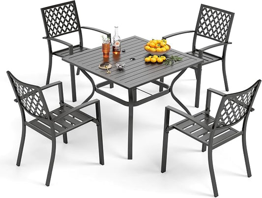 PHI VILLA Patio Dining Set, 4 Stackable Chairs w/Square Metal Table | 37" square metal table w/ 1.57" umbrella hole. Rust-resistant e-coated frame. Easy assembly. Perfect for patio,deck