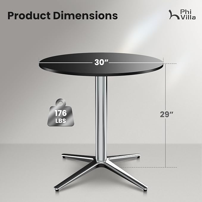 PHI VILLA Outdoor Patio Bistro Table, 30" Round Metal Pedestal Small Dining Table for 2-4, All-Weather Modern Table for Outside Deck, Yard, Porch, Balcony - Black