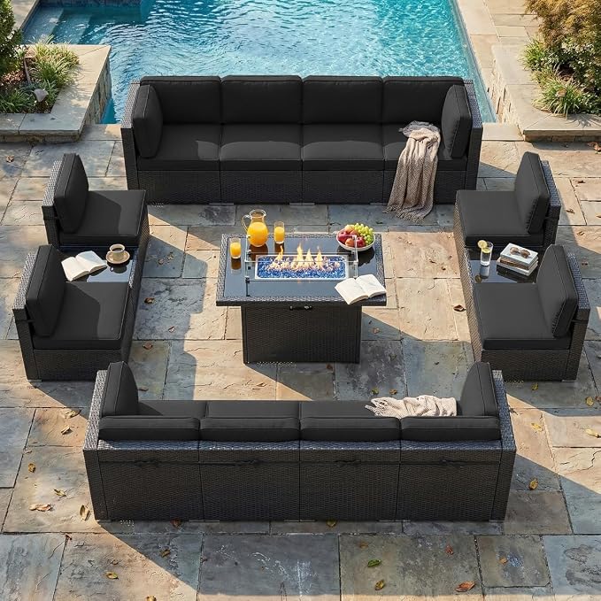 LayinSun 15 Piece Patio Furniture Set with Fire Pit Table, Outdoor Conversation Sets Wicker Rattan Sectional Sofa with Coffee Table