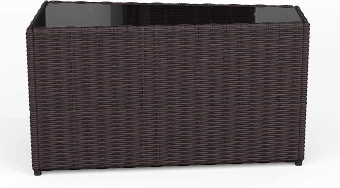 Martha Stewart Bedford Indoor-Outdoor Tapered Patio Side Table with Inset Tempered Glass Top and Rattan Wicker Finish in Brown