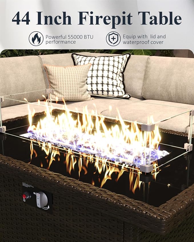 LayinSun 9-Piece Outdoor Modular Wicker Sectional Sofa with Fire Pit Table, Patio Furniture Conversation Set with Deep Seating and Thick Cushions