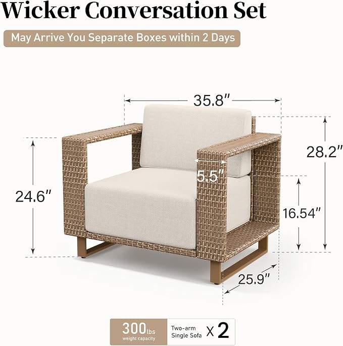 SUNSHINE VALLEY 2 Pieces Patio Furniture Set, Outdoor Rattan Wicker Armchairs with 10''Ultra-Thick Cushions,All Weather Patio Conversation Set, Low Profile Lawn Garden Backyard Chairs