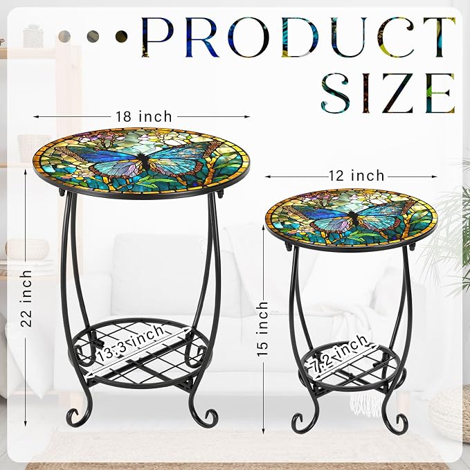 Cinnvoice 2 Pcs Outdoor Side Table Small Patio Round Mosaic Accent End Table Indoor Plant Metal Coffee Tea Tables for Patio Yard Porch Garden Living Room(12" and 18",Butterfly Style)