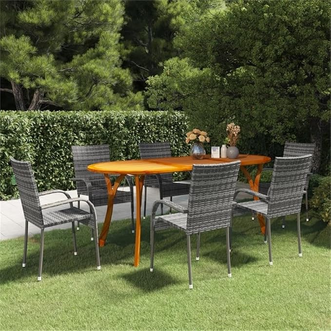 BOWERY HILL 7-Piece Patio Dining Set, Solid Acacia Wood Table and Powder-Coated Steel Frame, Gray Finish, Includes 6 PE Rattan Stackable Chairs, Rectangular Table for Outdoor Garden or Terrace Dining