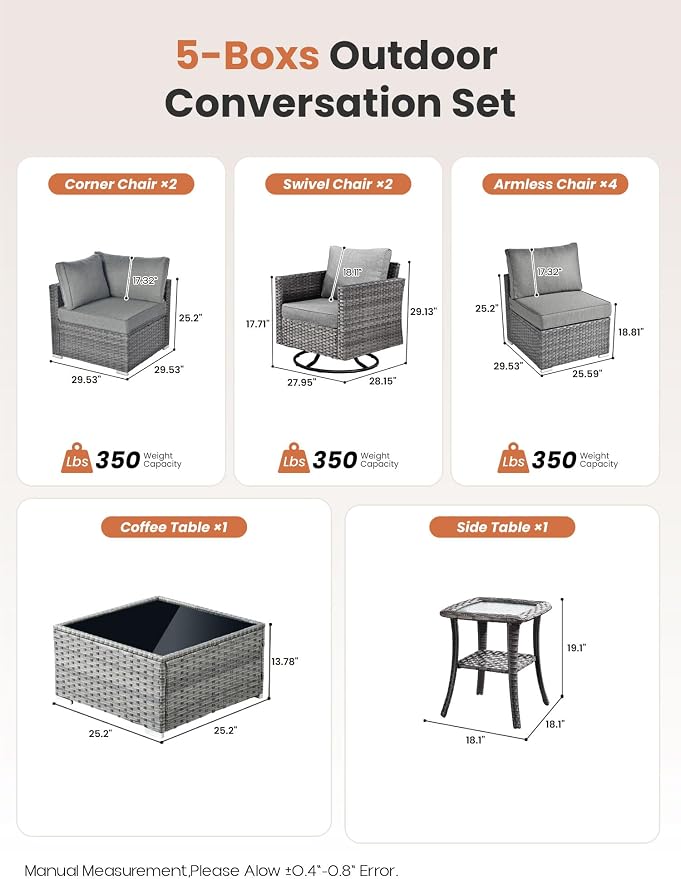 ovios Outdoor 10 Piece Coversation Set with Swivel Rocking Chair,Sectional Patio Furniture Set with All-Weather Wicker Sofa,Modern Outside Couch for Balcony Backyard Pool, Dark Grey
