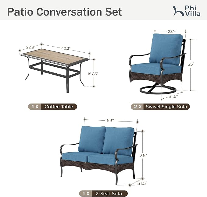 PHI VILLA Outdoor Porch Furniture Set, Upgraded Wicker & Metal Deep Seating Patio Furniture Conversation Set with Waterproof Thick Cushions for Balcony, Yard (4 Pieces,Navy)
