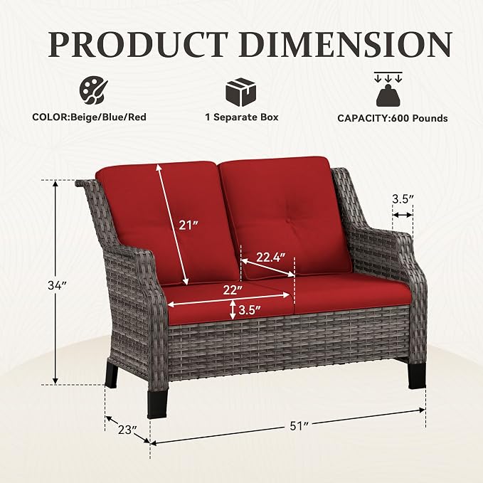 Outdoor Patio Loveseat, All-Weather 2-Seater Wicker Loveseat with Cushions, Outdoor Patio Love Seat Sofa for Garden, Balcony and Deck
