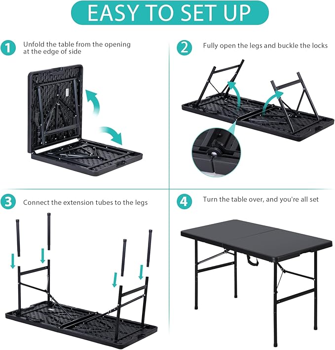 JupiterForce 4ft Folding Table, Indoor Outdoor Portable Plastic Picnic Table, Heavy Duty Rectangular Party Camping Dining Table with Carrying Handle, Black