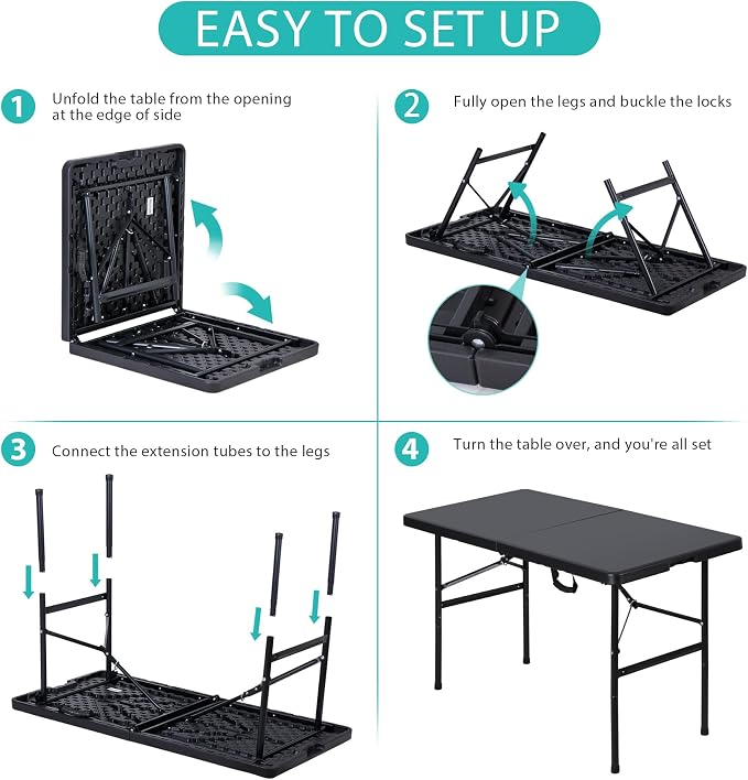 4ft Folding Table, Portable Plastic Picnic Table with Handle Card Table for Picnic Party Camping Dining Indoor Outdoor Lightweight, Black