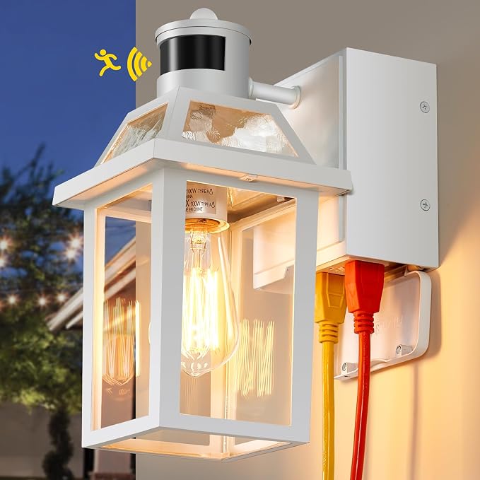 Yisuro Porch Lights with GFCI Outlet, Dusk to Dawn Motion Sensor Outdoor, 3 Lighting Modes Exterior Light Fixture, Outside for House Front Door Patio Garage(White)