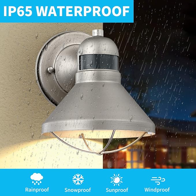 Motion Sensor Outdoor LED Wall Sconce Dusk to Dawn Exterior Barn Lighting | Silver Outside Porch Light Fixture Waterproof Farmhouse Wall Mount Lamp for House Garage Entryway