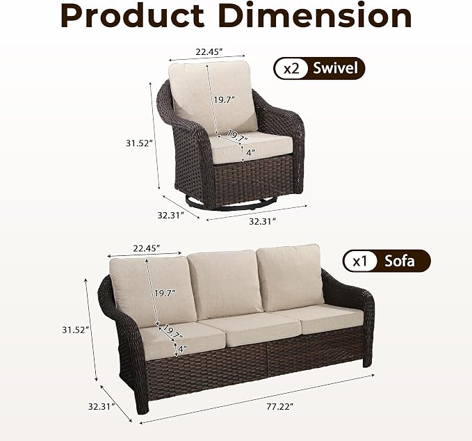 3 Piece Patio Wicker Conversation Set, All-Weather Use Outdoor Wicker Sofa with 2 PE Rattan 360 Swivel Chair, Ideal for Porch, Backyard, Balcony, Poolside, Beige