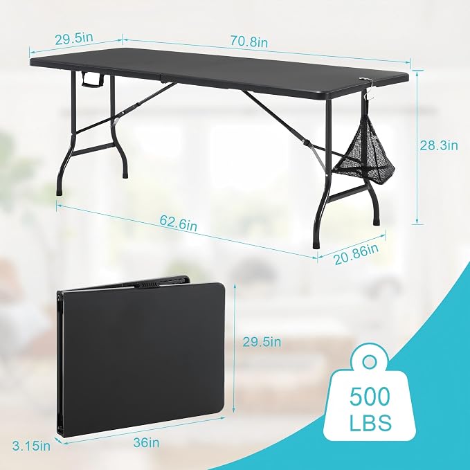 VECELO 6 FT Thick Top Picnic Table with Portable Mesh Bag, Folding Table with Strong Side Support, 500lbs Capacity for Outdoor Camping, Party, Dining - Black