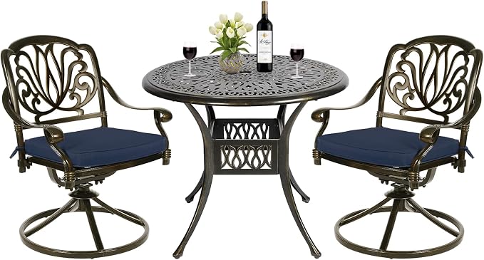 MEETWARM 3-Piece Outdoor Patio Dining Set, All-Weather Cast Aluminum Patio Conversation Set - 2 Cushions Swivel Rocker Chairs and 35.4" Round Table for Backyard Garden Deck, Umbrella Hole, Navy Blue
