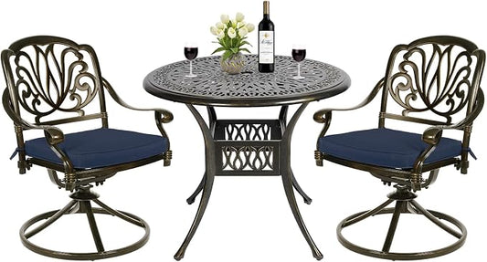 MEETWARM 3-Piece Outdoor Patio Dining Set, All-Weather Cast Aluminum Patio Conversation Set - 2 Cushions Swivel Rocker Chairs and 35.4" Round Table for Backyard Garden Deck, Umbrella Hole, Navy Blue