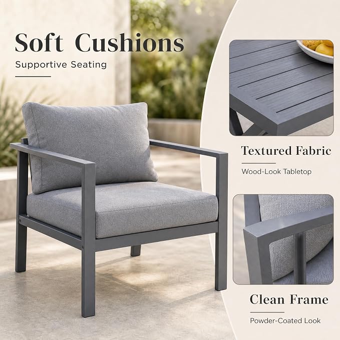 Aluminum Patio Sectional Furniture Set,5 piece Patio Conversation Sets Outdoor Patio Furniture Set Sofa with Coffee Table & Washable Cushions Grey