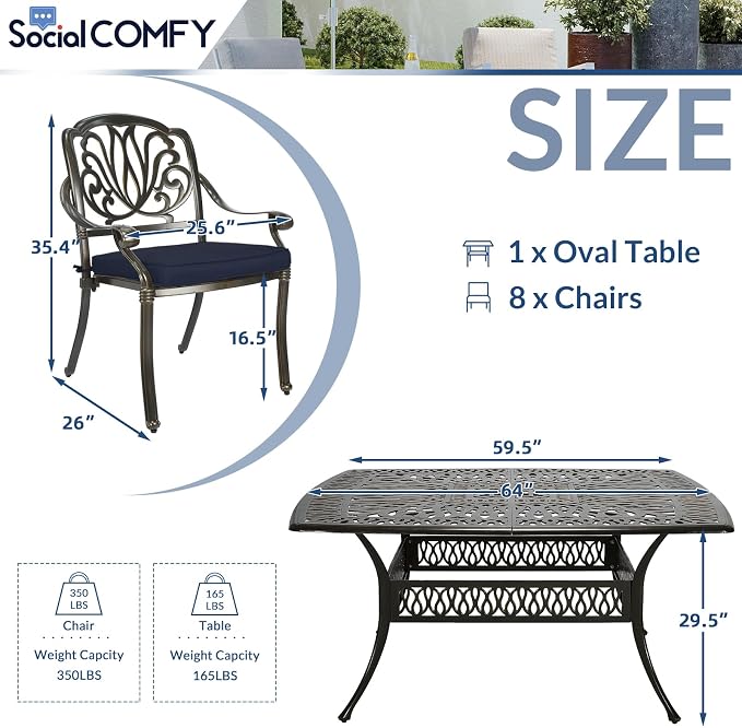 9-Piece Patio Cast Aluminum Dining Set, Outdoor Dining Furniture Set for 8 Person, Includes 64" Square Table and 8 Cushioned Chairs with Umbrella Hole for Patio Deck Garden, Navy Blue